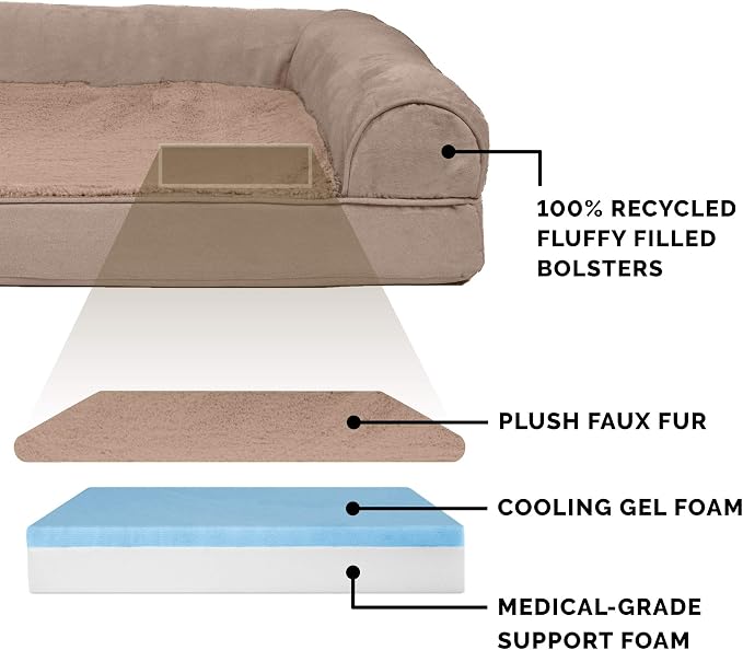 Furhaven Cooling Gel Dog Bed for Large/Medium Dogs w/ Removable Bolsters & Washable Cover, For Dogs Up to 55 lbs - Plush & Suede Sofa - Almondine, Large