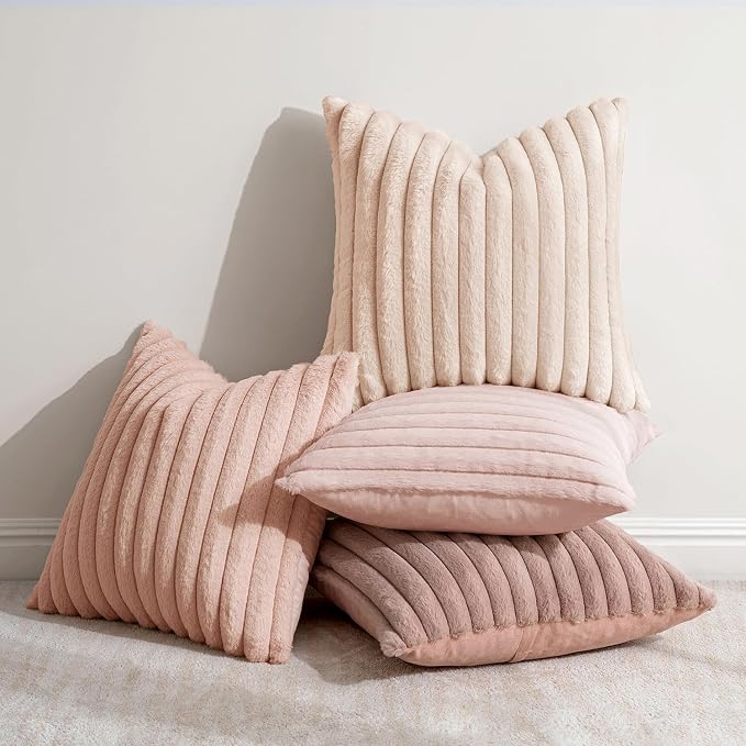 MIULEE Faux Fur Plush Decorative Throw Pillow Covers 18x18, Pink | Set of 4, Striped, Soft Cute Romantic Modern Home Decor, Cushion Cases for Sofa Couch Bed Living Room