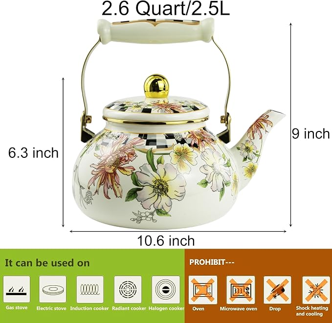 Enamel Tea Kettle, Bohemia 2.5L Vintage Floral Enamel Steel Teapot for Stovetop - No Whistling, Lead-Free, Retro Decor & Hot Water/Coffee Tea Pot, Ideal Housewarming/Wedding Gift