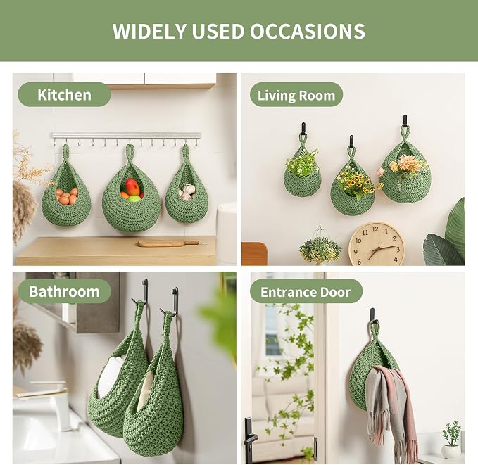 Boho Wall Hanging Fruit Baskets for Kitchen 3 Pack Woven Produce Holder with 6 Pcs Strong Hooks Vegetable Hanging Basket for Organizing Teardrop Home Wall Potato Onion Storage, Green