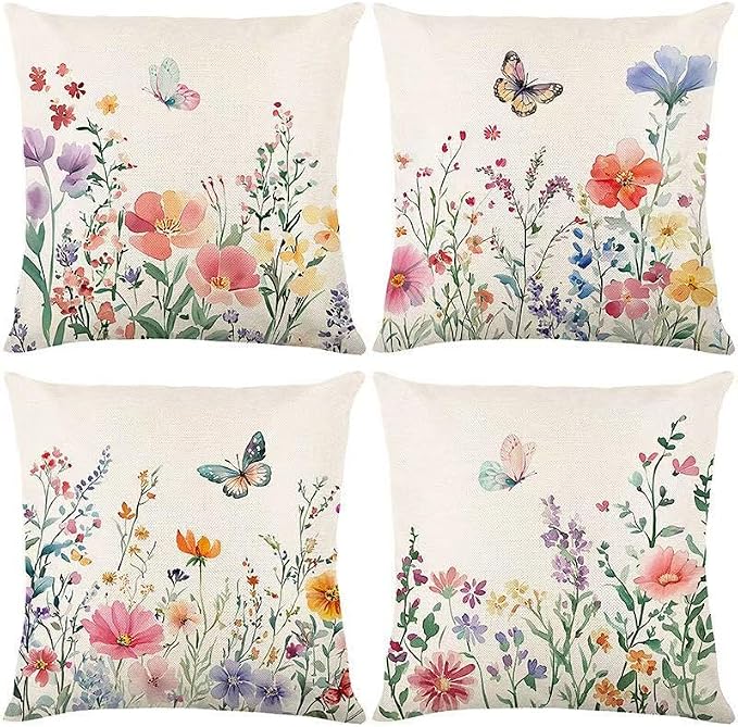 wyooxoo Spring Pillow Covers 20x20 Set of 4 Summer Farmhouse Throw Pillow Covers Floral Butterfly Decorative Cushion Cases for Sofa Couch Patio Bedroom