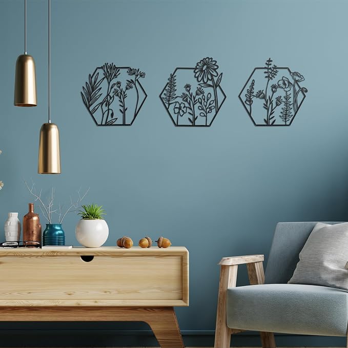 Peryiter 3 Pcs Metal Flower Wall Decor Minimalist Floral Wall Hanging Decor Floral Metal Rustic Flower Art for Summer Living Room Bathroom Kitchen Indoor Outdoor(Black)