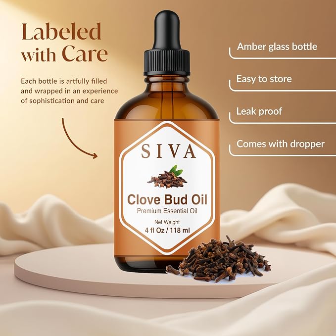 Siva Clove Bud Essential Oil 4 Fl Oz – for Diffuser, Skin & Hair Care – Ideal for Massage & DIY Blends- with Dropper