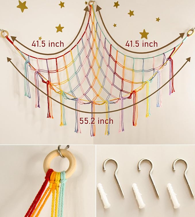 Stuffed Animal Hammock Corner Storage Net Cute Preppy Trendy Stuff Gifts for Teen Girls Baby Room Living Room House Wall Nursery Decor Rainbow Color Colorful Unicorn Hanging Organizers Organization