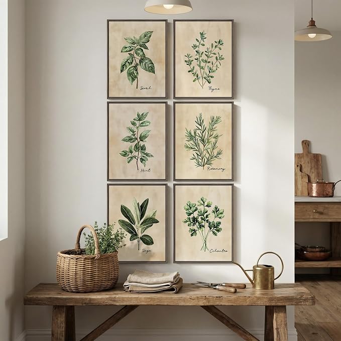 Framed Rustic Botanical Wall Art Set for Living Room, Sage Green Herb Canvas Prints Artwork for Walls, Modern Farmhouse Plant Leaf Pictures Wall Decor for Bedroom Dining Room Hallway, 12x16 Inch