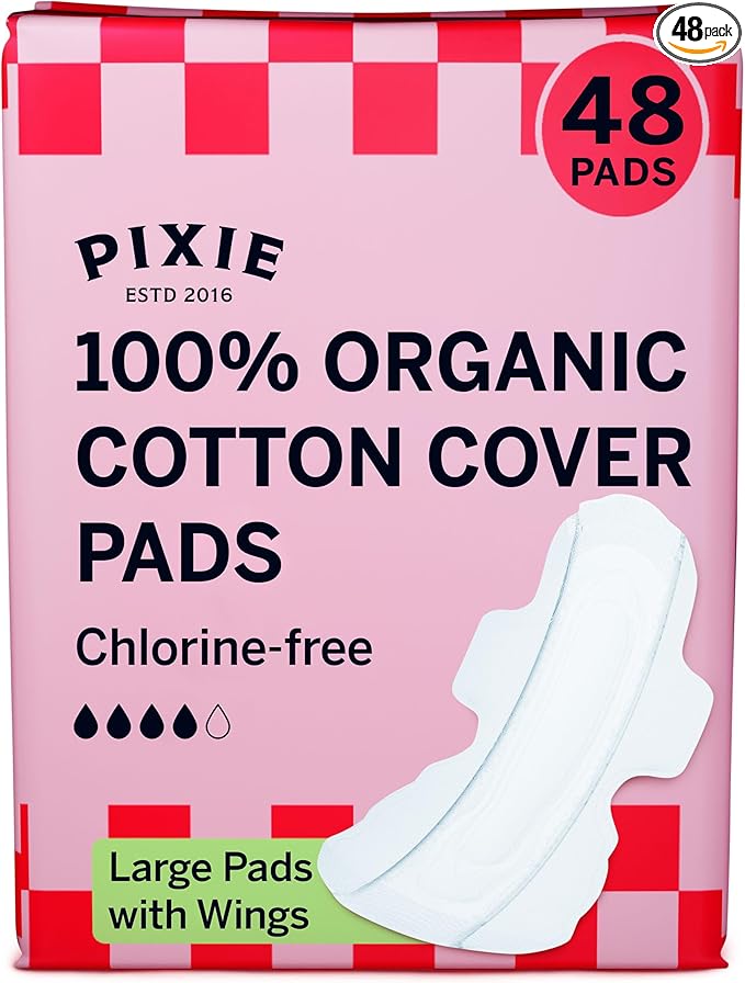 Pixie Organic Cotton Ultra Thin Large Pads for Women – Extra Heavy Absorbency with Wings – Leak-Proof, Hypoallergenic & Unscented for Feminine Care – Compostable, Biodegradable – 48 Count