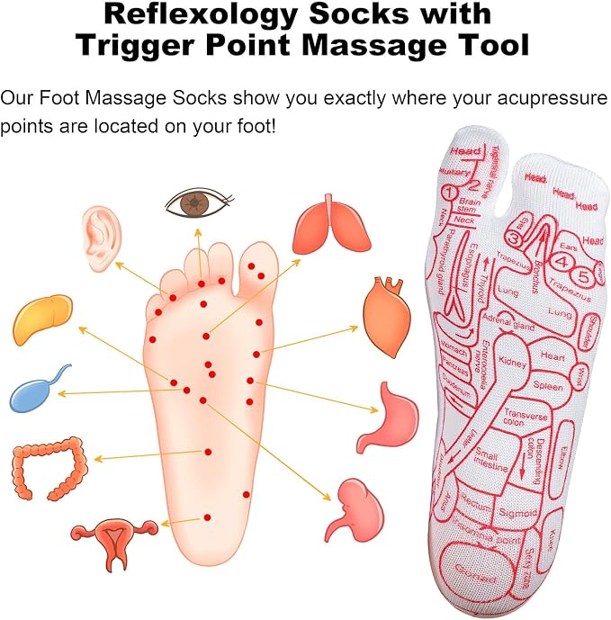 Reflexology Socks with Beginner Acupoint Massage Tools Set of 5 - Foot Pain Relief Remedy for Foot Massage Rod for Women and Men Tired Relieve (Woman-Small-Red)