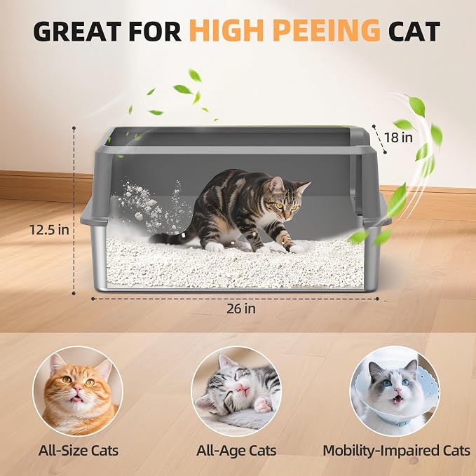 Stainless Steel Cat Litter Box, XXL High Sided Open Top Litter Pan, 1 Scoop | XXL, Spacious Interior, High Sides, Anti-Urine Leakage, Non-Stick Odor Resistant, Easy Clean, Reduce Litter Tracking