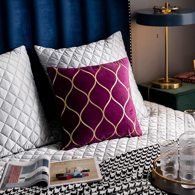 Gold Velvet Throw Pillow Covers Purple: 2 Pack 18x18 Inch Square Decorative Pillow Cases for Bedroom Sofa Couch Living Room