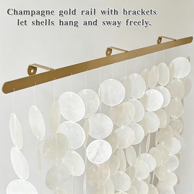 DHHOUSE 24x28 Inch Large Capiz Shell Wall Hanging, Handmade Sea Shell Wall Art with Gold Rail for Home Decor