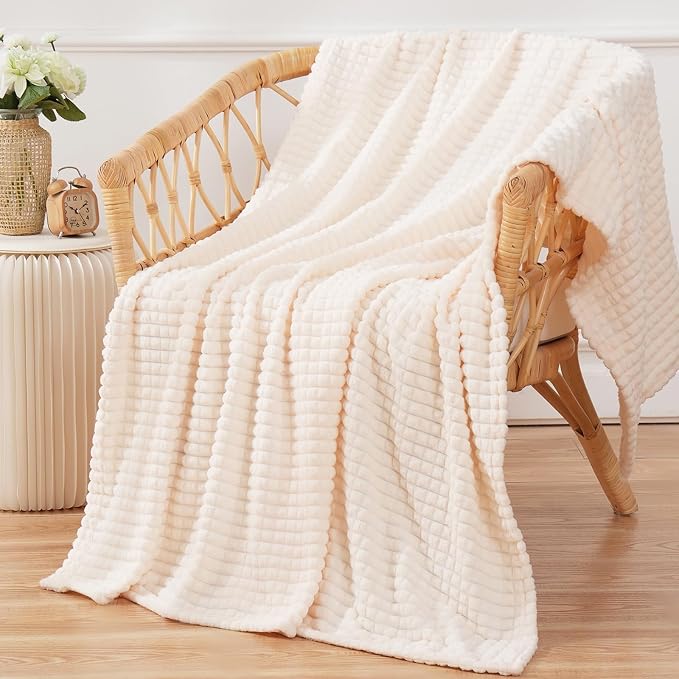Puncuntex Fleece Throw Blanket Cream White 50"×60" with Square Grid Design | Super Soft Plush Cozy Flannel Throw Blanket Luxury for Couch Sofa Chair