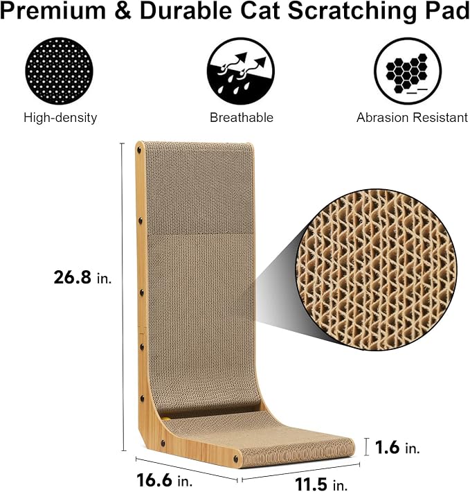 FUKUMARU Cat Scratcher, 26.8 Inch L Shaped Cat Scratch Pad for Indoor Cats | Vertical Cat Scratching Board with Ball Cat Toy, Cardboard Cat Scratcher for Wall Sofa Couch, Kitten Scratching Post, Large