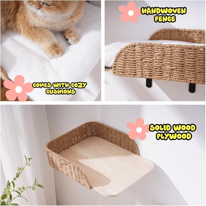 SHENGOCASE 2-Pack Wooden Cat Wall Window Bed with Handwoven Guardrail, Wall-Mounted Perch Furniture Set with 3 Steps