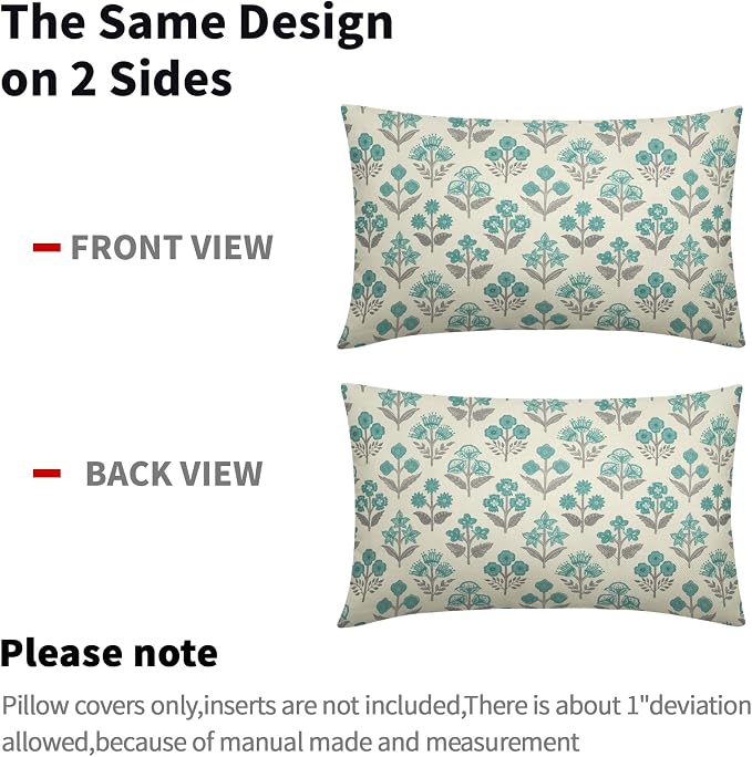 Teal Grey Gray Floral Pillow Covers 12x20 Inch Set of 2, Block Print Lumbar Flower Cream Decorative Throw Pillowcases Outdoor Farmhouse Rectangle Cushion Covers Spring Summer Sofa Couch Bed Decor