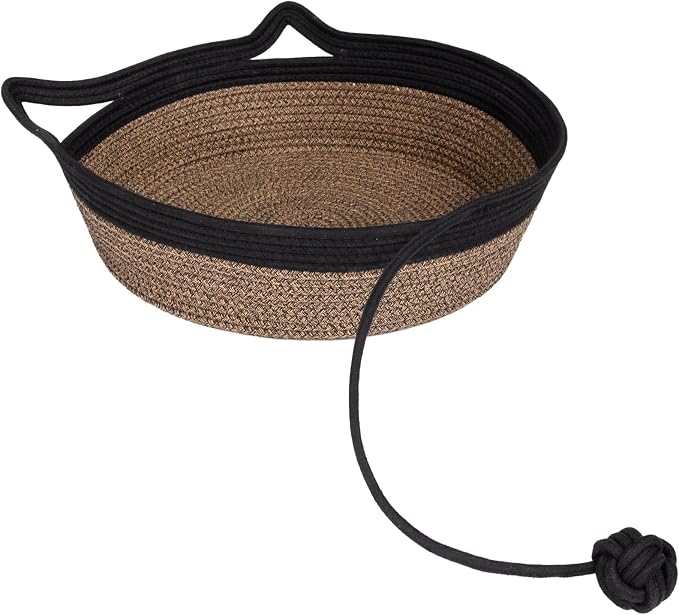 Cat Bed, Cotton Rope Instinct Basket for Cats, Handwoven Cat Beds | Stimuli Handwoven Basket for Cat, Pet Sleeping Bed with Rope Ball, Puppies, Rabbits and Small Pets(Large, Black & Brown)