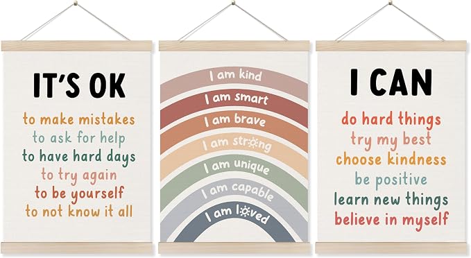 Koesus Inspirational Classroom Rainbow Wall Art Poster Hanger Frame 12x16 Inch Set of 3, Positive Affirmations for Kids, Motivational Canvas Prints Framed Wall Decor for Classroom Kids Room Playroom