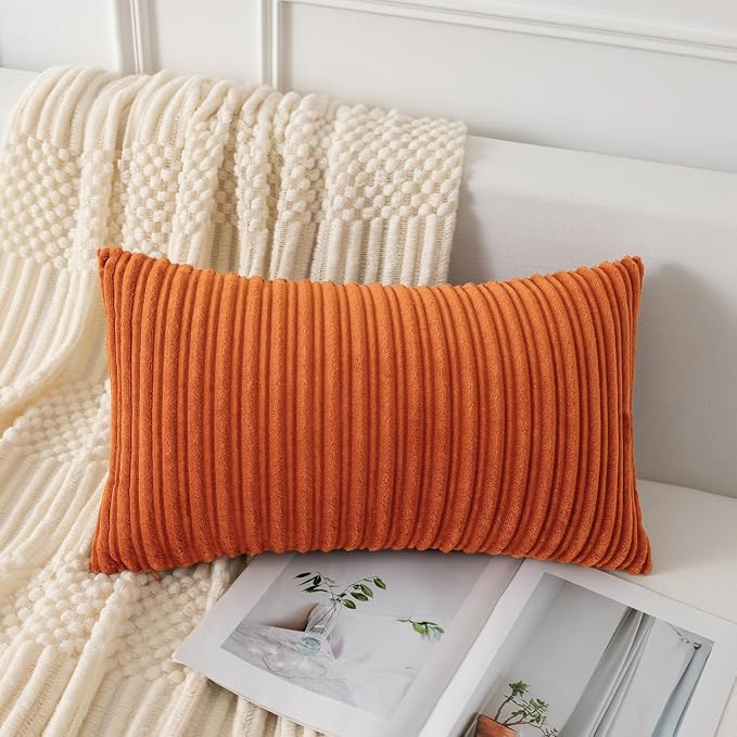 UGASA Fall 12x24 Inch Pillow Cover Pack of 1 Soft Boho Stripe Corduroy Long Rectangle Lumbar Cushion Case Farmhouse Decorative Throw Pilowcase for Bed, Couch, Sofa, Bedroom, Living Room, Dark Orange