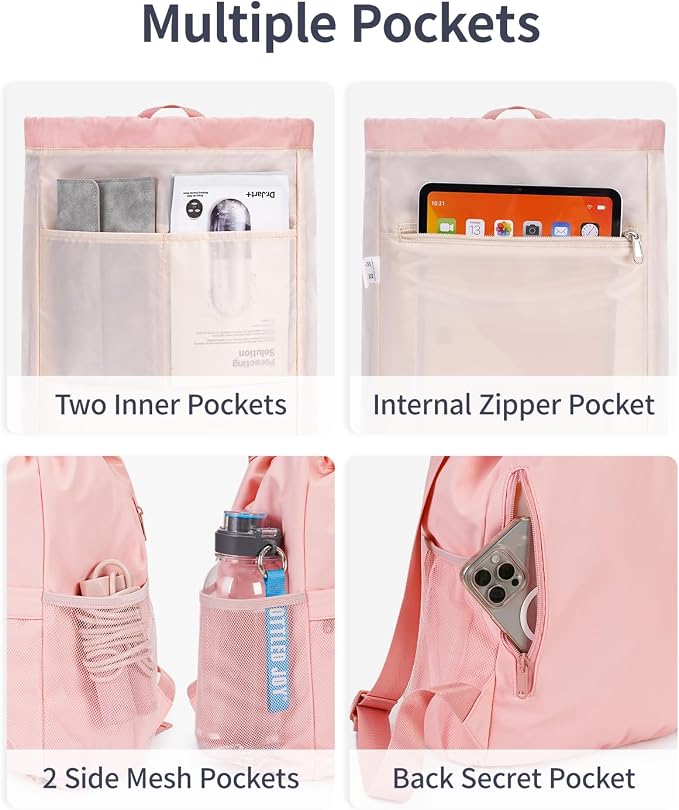 WANDF Drawstring Backpack for Women, Lightweight Gym Bag with Yoga Mat Strap, Water-Resistant String Backpack with Mesh Pocket (Pink, Patent Pending)