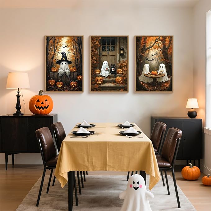 FWIEXA Halloween Cute Ghost Pumpkins Canvas Wall Art Set of 3, Black Cat Framed Painting Artwork, Vintage Witchy Hat Bats Prints, Fall Maple Leaf Decor 16x24In for Party, Gift, Living Room, Bedroom