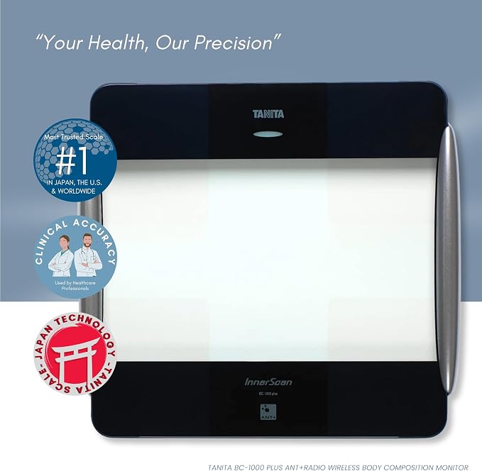 Tanita BC-1000plus Black ANT+ Wireless Body Composition Monitor -Japan Technology - Premium Build - Smart Digital Scale with 15 Full Body Metrics, BMI Fat Muscle Mass Analysis - 440 lbs Capacity