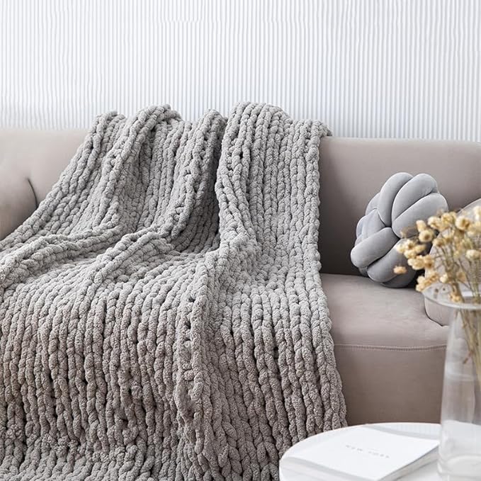 Soft Chunky Knit Throw Blanket for Couch, Cozy Warm Knitted Blankets | Hand Knit with Jumbo Chenille, Lightweight Warm Fluffy Decor for Women, Mom, Her & Girls, Sofa, Chair, Bed, 40"×40" (Gray)