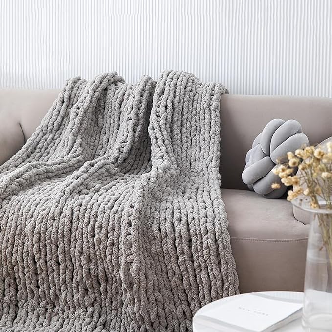 Soft Chunky Knit Throw Blanket for Couch, Cozy Warm Knitted Blankets | Hand Knit with Jumbo Chenille, Lightweight Warm Fluffy Decor for Women, Mom, Her & Girls, Sofa, Chair, Bed, 48"x71" (Gray)