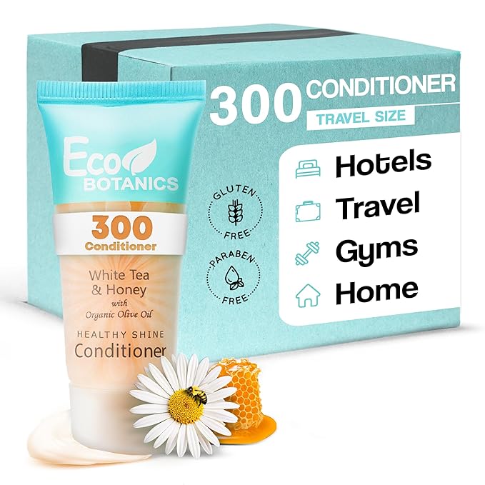 Eco Botanics Travel Size Hotel Conditioner 300 Count 0.85oz Bottles Guest Amenities for Vacation Rentals & Short Term Rentals Paraben Free White Tea Scent Infused with Aloe Honey and Olive Oil
