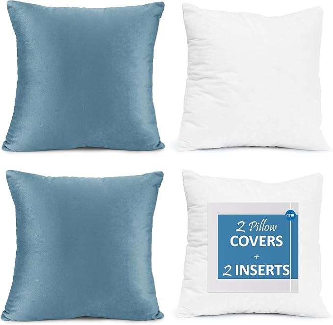Throw Pillow Inserts Pack of 2 with Velvet Soft Solid Decorative Square Throw Pillow Covers Set for Sofa Couch Car Bedroom, 20X20 Throw Pillows Inserts with 18x18 Washable Cushion Covers, Blue Haven