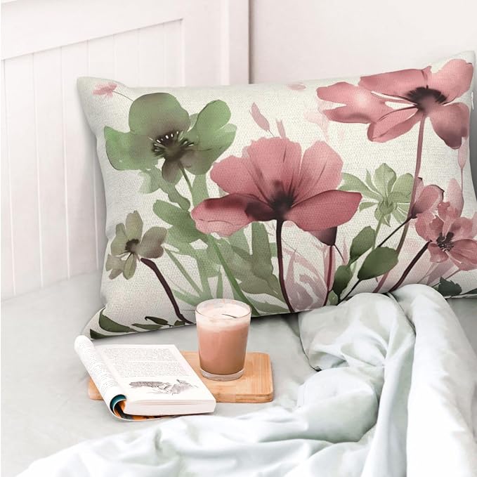 Spring Floral Pillow Covers 12x20 Inches Set of 2 Sage Green Pink Floral Throw Pillow Covers Outdoor Summer Flower Decoration Pillowcase Farmhouse Decorative Lumbar Cushion Cover For Home Sofa