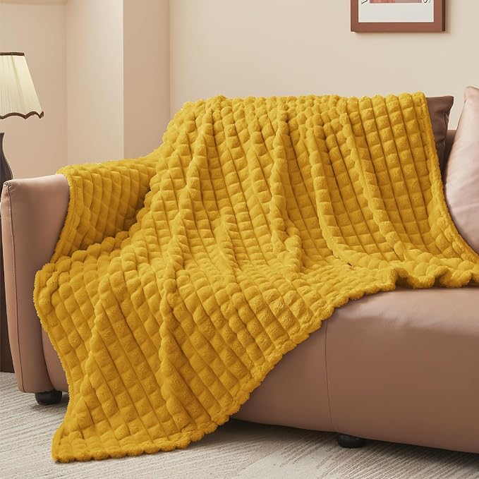 BEDELITE Mustard Yellow Checked Fleece Throw Blanket for Couch, 50x70 Inch | Soft Warm Fuzzy Fluffy Blanket for Bed Sofa, Lightweight Plush Cozy Blankets for Home Room Decor, Gift for Women, All Season