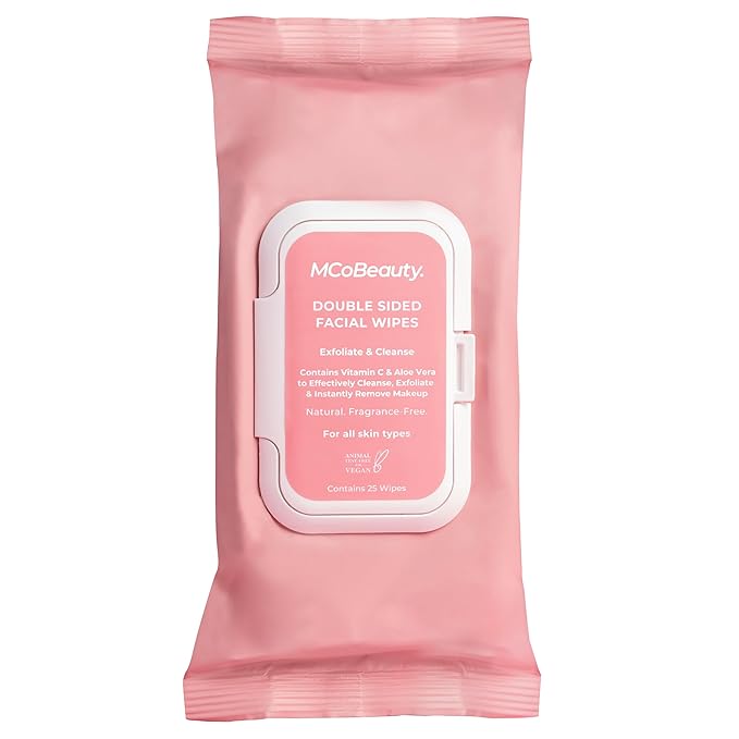 MCoBeauty - Double-Sided Facial Wipes - Cleansing and Exfoliating Wipes with Vitamin C, Aloe Vera and Vitamin E - Pack of 25 - Vegan, Cruelty Free, Fragrance Free