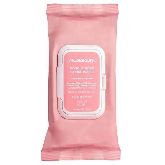 MCoBeauty - Double-Sided Facial Wipes - Cleansing and Exfoliating Wipes with Vitamin C, Aloe Vera and Vitamin E - Pack of 25 - Vegan, Cruelty Free, Fragrance Free