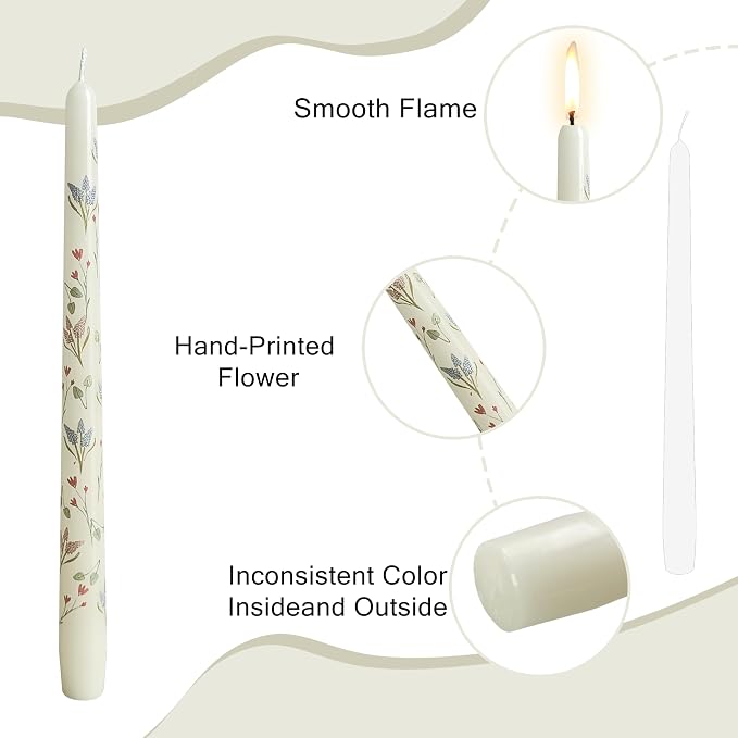 Hyacinth Printed Taper Candle Dripless Candles Sticks - 4 pcs Handmade White Taper Candle 10 inches Long Tapered Candles for Home Party Wedding Restaurant Holiday Decor
