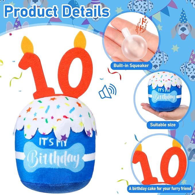 Dansydaisy Dog Birthday Cake Toy Squeaky Plush Gift,10th,Blue