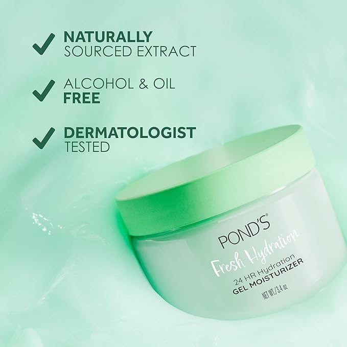 POND’S Fresh Hydration Gel Moisturizer – 24 HR Hydration with Aloe Vera Extract, Vitamin E & B3 Niacinamide – Alcohol & Oil-Free Face Moisturizer – Dermatologist Tested, 3.4 oz