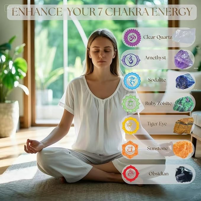 Healing Crystals Set – 7 Raw Chakra Stones & Selenite Stick | Unpolished Crystal Healing Stones for Meditation, Yoga, Reiki | Wooden Box with Velvet Pouch & Guide