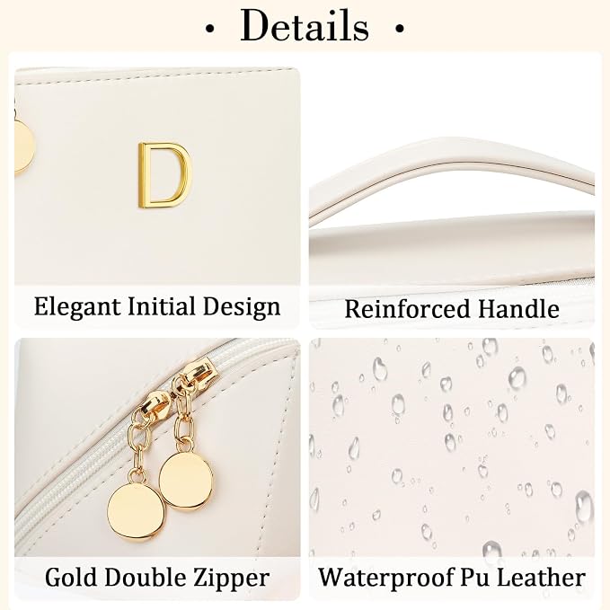 KKXIU Initial Makeup Bag for Women - Personalized Makeup Bag Gifts for Women, Travel Toiletry Bag with PU Leather, Open Flat Design with Top Handle, Cosmetic Bag Set with Multi-Pocket (Beige,D)