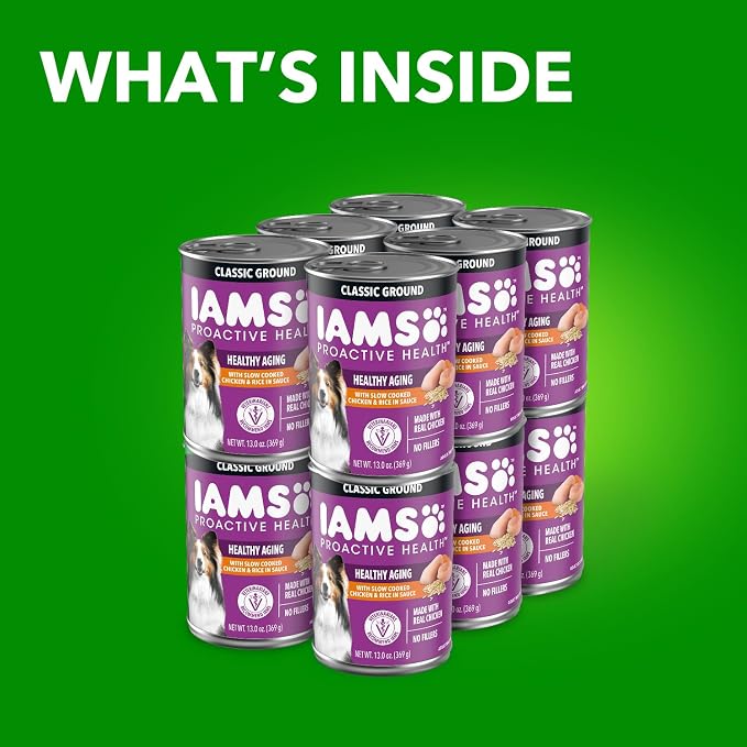 IAMS Proactive Health Senior Ground Wet Dog Food, Chicken, 13 oz, 12 Pack | Real chicken first ingredient, DHA Gold for mental & visual sharpness, glucosamine & chondroitin, boosts immune response