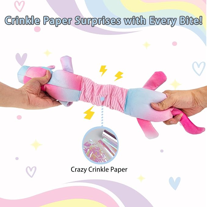 lilfrd Pink Unicorn Squeaky Dog Toy, Crinkle Plush Tug Toy for Dogs