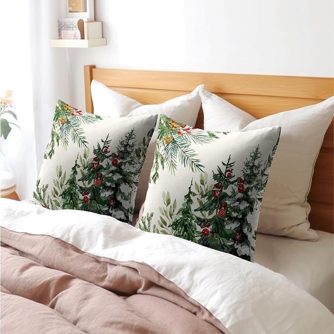 Kawani Christmas Trees Throw Pillow Covers 2pcs,22x22 Farmhouse Green Pine Tree Forest Snow Winter Holiday Cushion Case Decoration Linen Square Pillowcase for Bed Couch Indoor Home Decor