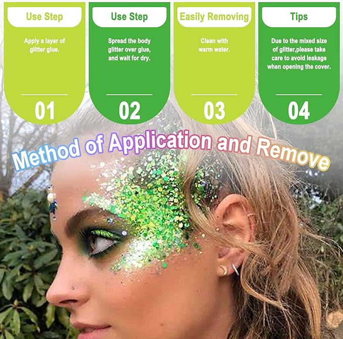 Laza 2 Jars St. Patrick’s Day Body Glitter Iridescent Chunky Sequins with Glitter Glue Women Eyeshadow Makeup Face Paint Festival Rave Outfits Hair Accessories Carnival Party Costumes- Gold Blue Green