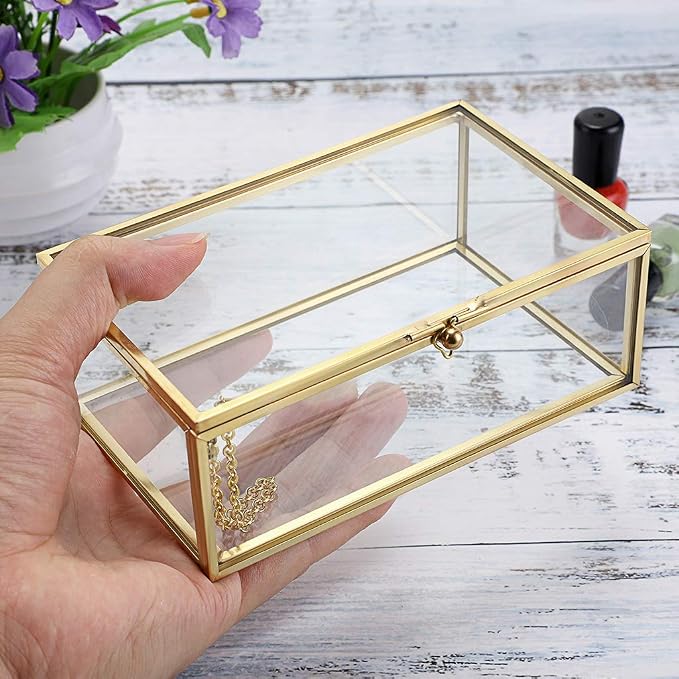Hipiwe Vintage Glass Keepsake Box, Rectangle Jewelry Display Organizer Case | Vanity Lidded Box Home Decor Accent Decorative Boxes for Storage Trinket Rings Bracelet