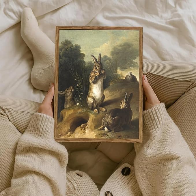 Vintage Easter Rabbit Wall Art, Rustic Bunny Wall Decor Painting Cottagecore Animal Poster Canvas Prints Picture for Living Room Farmhouse Bedroom 12x16 inch Wood Framed