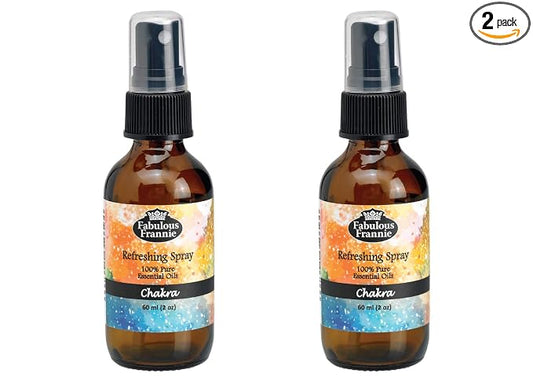 Fabulous Frannie Chakra Refreshing Mist made with Pure Essential Oils A perfect blend of Lavender, Frankincense, Grapefruit, Cassia, Ylang Ylang and Sweet Orange Pure Essential Oils 2oz each 2pk