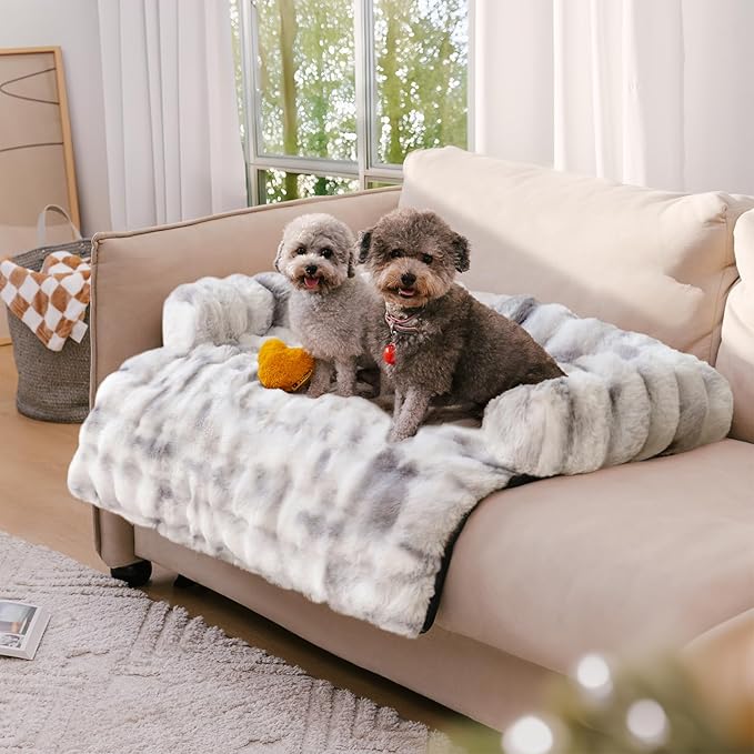 Dog Couch Bed, Luxurious Medium Pet Sofa Bed Cover Washable | Pet Mat for Medium Dogs and Cats, Faux Rabbit Fur, Raised Protective Bolster, Non-slip, 31.5"×25.5"×4.7" Tie-dye Grey