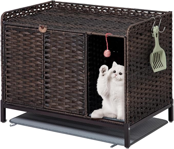 SETVSON Cat Litter Box Enclosure Furniture with Divider, Cat Cabinet, Brown | Handwoven PE Rattan with Soft Litter Mat, 3.54-In Heightened Metal Feet, Spacious & Comfortable, 31.2 x 19.6 x 24.2 In