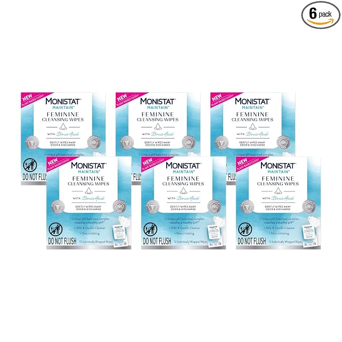 Monistat Maintain Feminine Cleansing Wipes, Feminine Hygiene Wipes, Fragrance Free Feminine Care Wipes, pH Balanced Cleansing Wipes, Boric Acid Formula, 12 Count (Pack of 6)