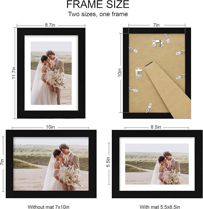 Hongkee 7x10 Picture Frame Set of 4, Made of Real Glass and Black Frame - Display 5.5 x 8.5 Diploma Frame with Mat or 7x10 Without Mat, 7 by 10 Photo for Wall or Tabletop