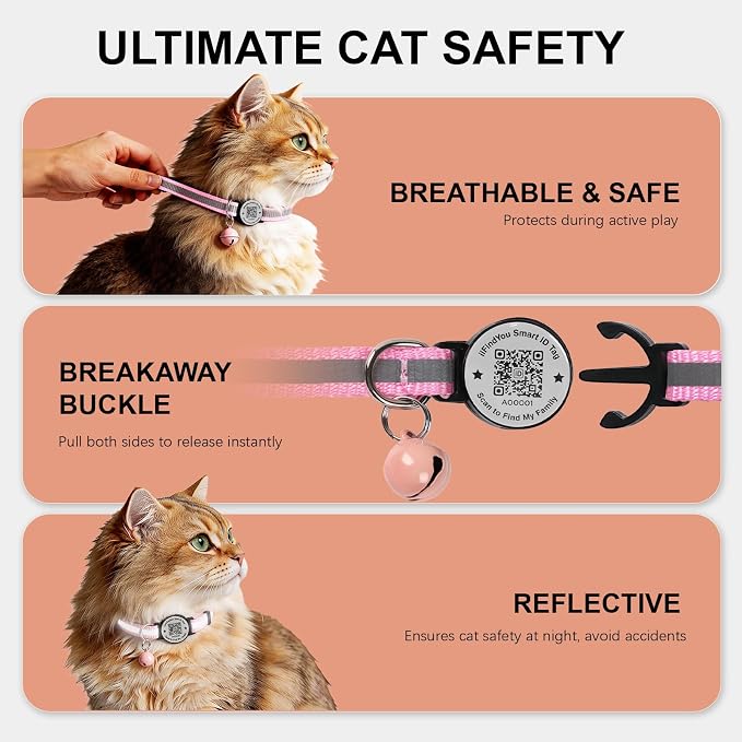 Breakaway Cat Collar QR Code, Reflective Bell, Adjustable Kitten Pink