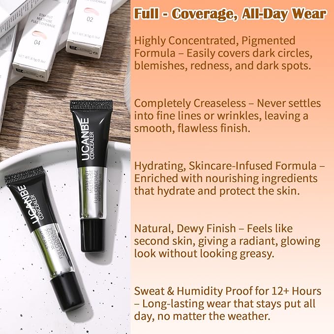 UCANBE Stay-Put Full Coverage Concealer, Long-Wear Waterproof, Under Eye Brightener Concealer, Color Corrector for Dark Circles, Acne, Blemishes, Redness Color Correcting Cream (04 LIGHT SAND)